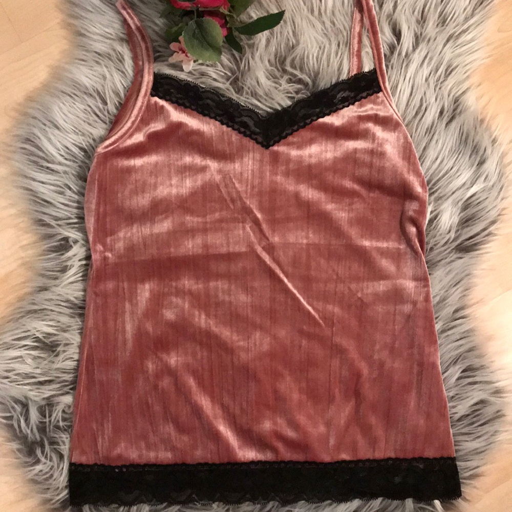 Pink crushed velvet blouse with black lace
